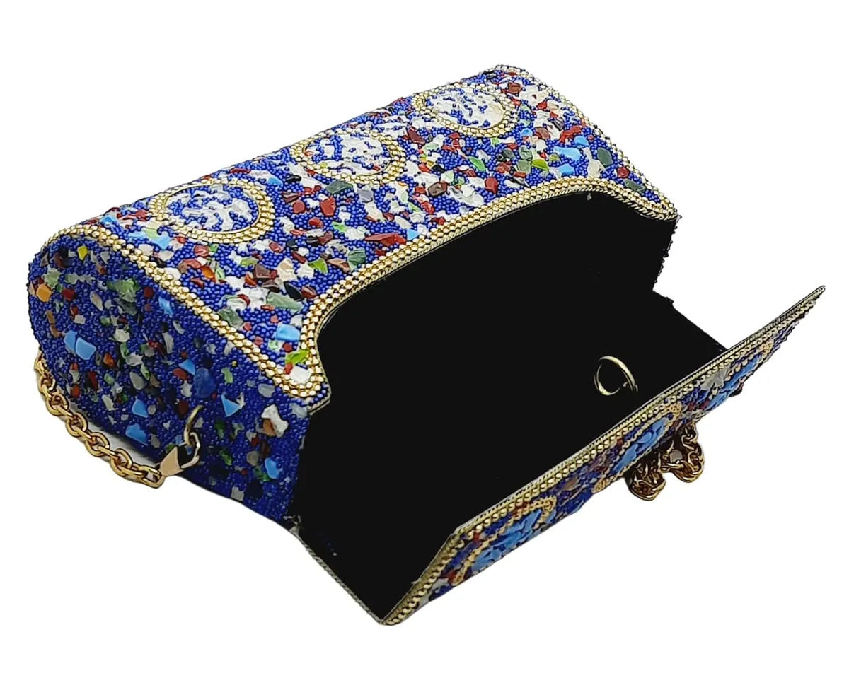 Blue Mosaic Metal Ethnic Handbag for Women